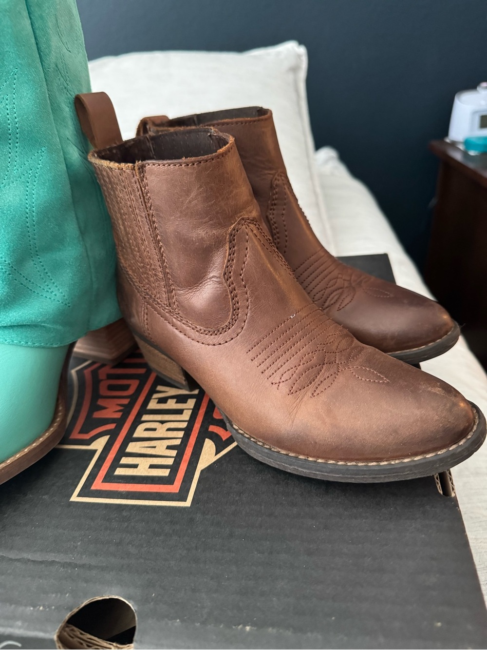 Harley-Davidson Brown Leather Ankle Booties with Western Stitching